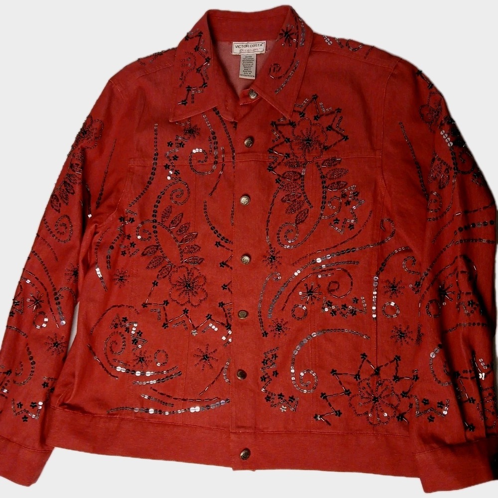 Victor Costa Occasion Red Sequined Embroidered Denim WomenJacket Coat Sz M #540C